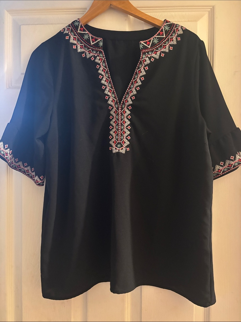 Black Embroidered V-Neck Women's Top